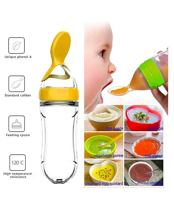 Silicone Baby Feeding Bottle with Squeeze Spoon for Milk, Cereal, and Fruits